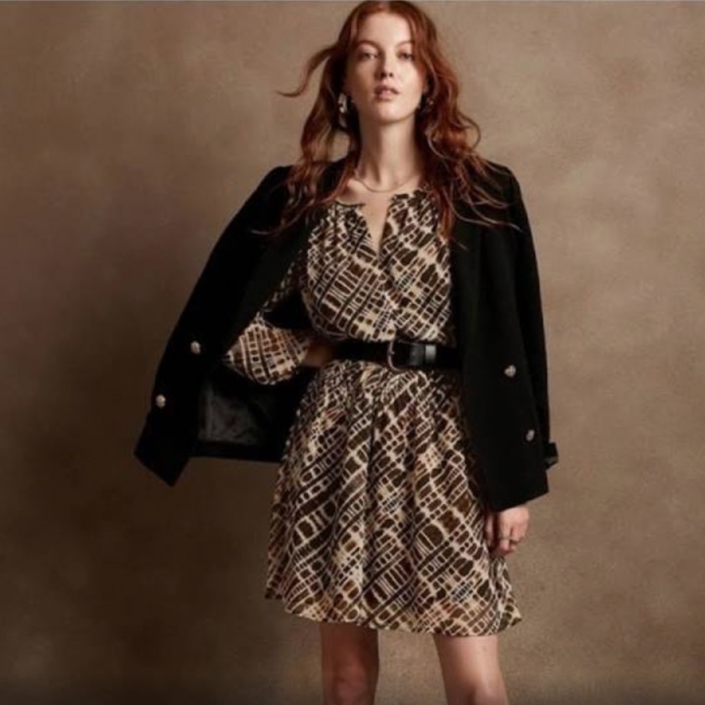 BANANA REPUBLIC FACTORY  Ruched Mini Fit-and-Flare Brown Dress Large Petite